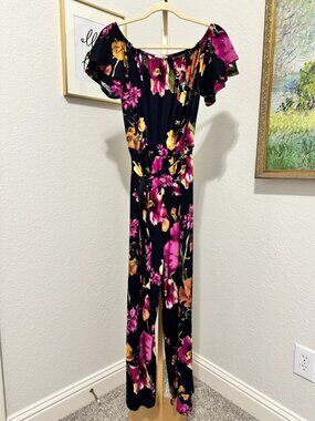 NWT Beacon Cecilia Floral Knit Jumpsuit 🌸 Navy Flutter Sleeve Size S